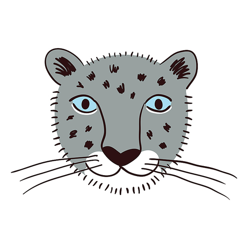 Cute snow leopard face hand drawn cartoon character illustration, sketch. Line art, drawing style design, isolated vector. Tropical animal, jungle wildlife, big cats, safari, nature, print element