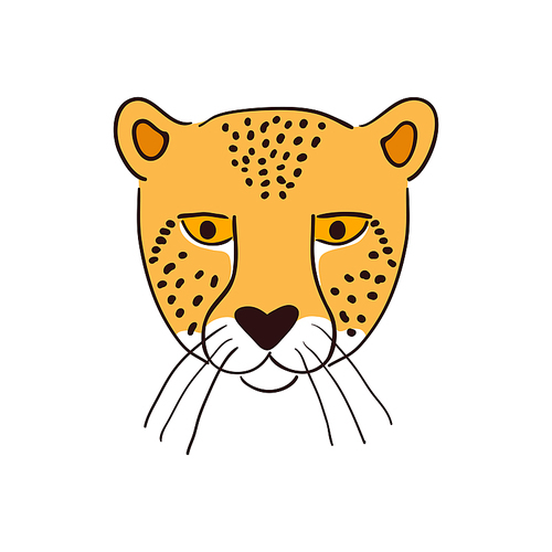 Cute cheetah face, portrait hand drawn cartoon character illustration, sketch. Line art, drawing style design, isolated vector. Tropical animal, jungle wildlife, big cat, safari, nature, print element