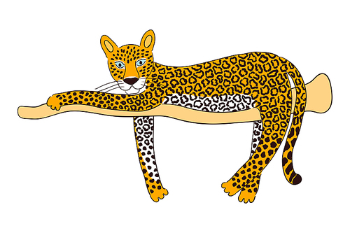 Cute leopard laying down hand drawn cartoon character illustration, sketch. Line art, drawing style design, isolated vector. Tropical animal, jungle wildlife, big cats, safari, nature, print element