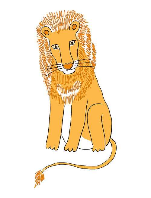 Cute sitting lion hand drawn cartoon character illustration, sketch. Line art, drawing style design, isolated vector. Tropical animal, jungle wildlife, big cats, safari, nature, print element