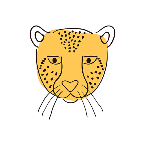 Cute cheetah face, portrait hand drawn cartoon character illustration, sketch. Line art, drawing style design, isolated vector. Tropical animal, jungle wildlife, big cat, safari, nature, print element