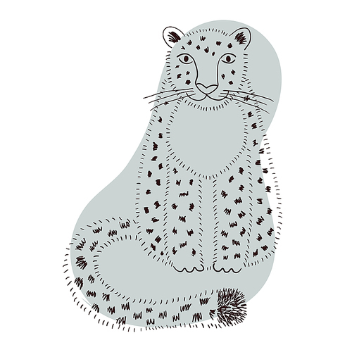 Cute sitting snow leopard hand drawn cartoon character illustration, sketch. Line art, drawing style design, isolated vector. Tropical animal, jungle wildlife, big cats, safari, nature, print element