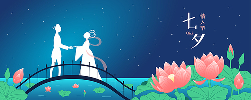 Qixi Festival weaver girl, cowherd, magpie bridge, lotus flowers, Chinese text Qixi, Valentines Day. Hand drawn vector illustration. Asian style design. Traditional holiday banner, background concept