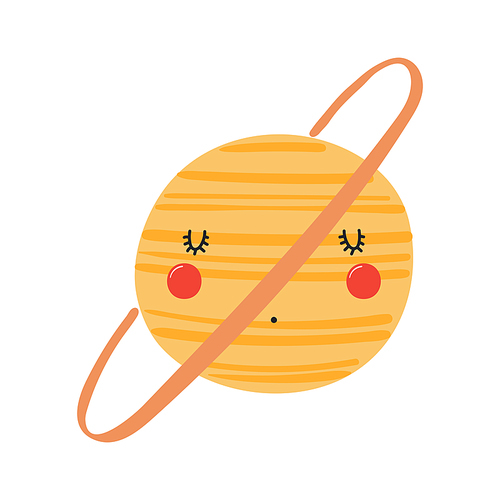 Planet Saturn with kawaii face funny cute cartoon character illustration. Hand drawn Scandinavian style flat design, isolated vector. Kids print element, astronomy, astrology, celestial body, space