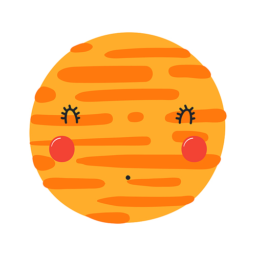 Planet Jupiter with kawaii face funny cute cartoon character illustration. Hand drawn Scandinavian style flat design, isolated vector. Kids print element, astronomy, astrology, celestial body, space