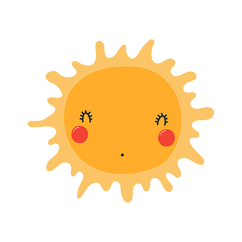 Sun with kawaii face funny cute cartoon character illustration. Hand drawn Scandinavian style flat design, isolated vector. Kids print element, astronomy, astrology, celestial body, space