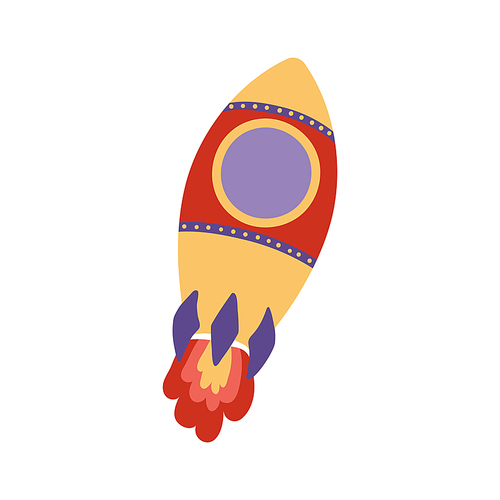 Flying rocket, spaceship hand drawn cartoon illustration. Flat style design, isolated vector. Kids print element, space travel, technology, adventure, transport, science fiction, cosmos, universe