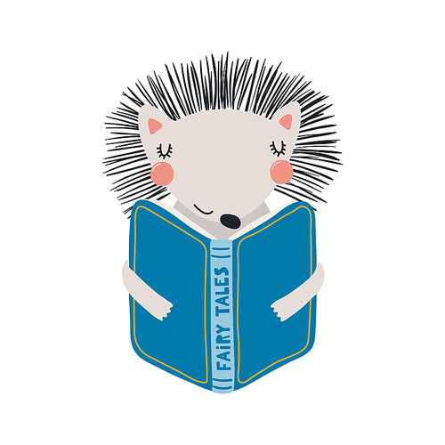 Cute funny hedgehog reading book cartoon character illustration. Hand drawn Scandinavian style flat design, isolated vector. Kids print element, book lover, education, literature, library, bookstore