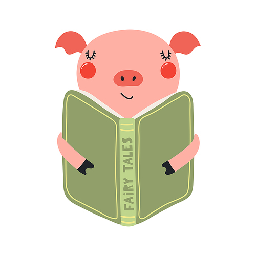 Cute funny pig reading book cartoon character illustration. Hand drawn Scandinavian style flat design, isolated vector. Kids print element, book lover, education, literature, library, bookstore