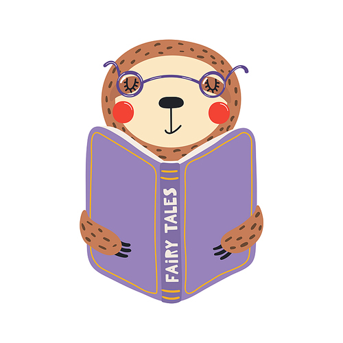 Cute funny sloth reading book cartoon character illustration. Hand drawn Scandinavian style flat design, isolated vector. Kids print element, book lover, education, literature, library, bookstore