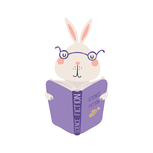 Cute funny rabbit reading book cartoon character illustration. Hand drawn Scandinavian style flat design, isolated vector. Kids print element, book lover, education, literature, library, bookstore