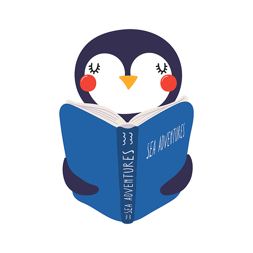 Cute funny penguin reading book cartoon character illustration. Hand drawn Scandinavian style flat design, isolated vector. Kids print element, book lover, education, literature, library, bookstore