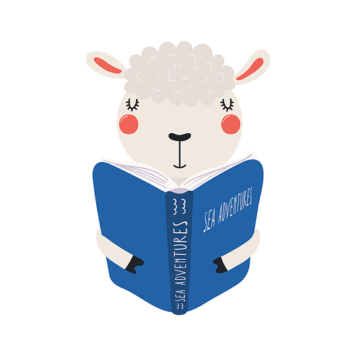 Cute funny sheep reading book cartoon character illustration. Hand drawn Scandinavian style flat design, isolated vector. Kids print element, book lover, education, literature, library, bookstore