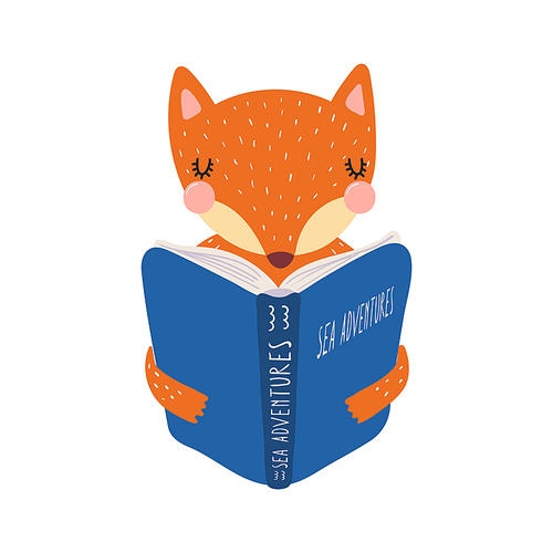 Cute funny fox reading book cartoon character illustration. Hand drawn Scandinavian style flat design, isolated vector. Kids print element, book lover, education, literature, library, bookstore