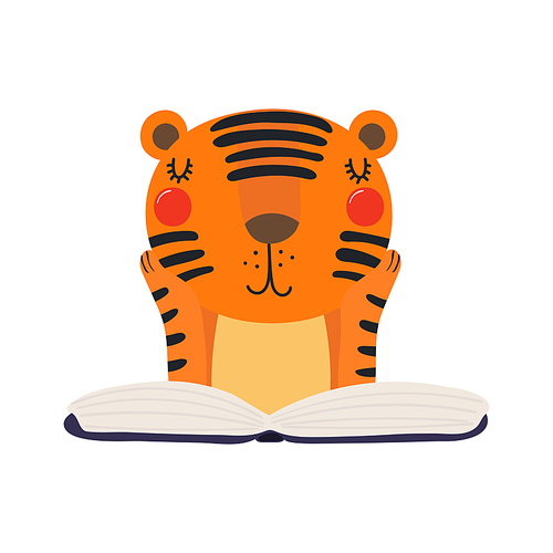 Cute funny tiger reading book cartoon character illustration. Hand drawn Scandinavian style flat design, isolated vector. Kids print element, book lover, education, literature, library, bookstore