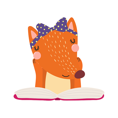 Cute funny fox reading book cartoon character illustration. Hand drawn Scandinavian style flat design, isolated vector. Kids print element, book lover, education, literature, library, bookstore