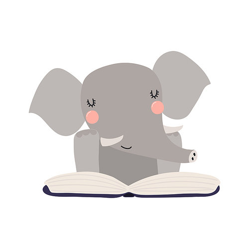 Cute funny elephant reading book cartoon character illustration. Hand drawn Scandinavian style flat design, isolated vector. Kids print element, book lover, education, literature, library, bookstore