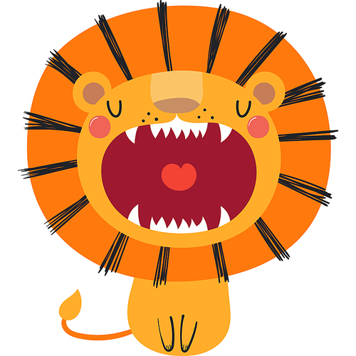 Cute funny roaring lion cartoon character illustration. Hand drawn Scandinavian style flat design, isolated vector. Tropical animal, jungle wildlife, safari, nature, kids print element