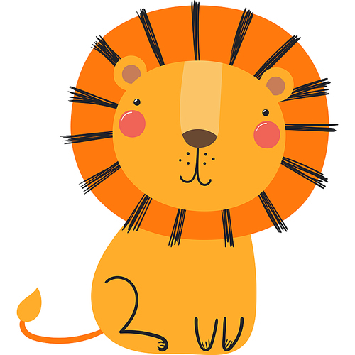 Cute funny lion cartoon character illustration. Hand drawn Scandinavian style flat design, isolated vector. Tropical animal, jungle wildlife, safari, nature, kids print element