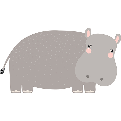 Cute funny hippo cartoon character illustration. Hand drawn Scandinavian style flat design, isolated vector. Tropical animal, jungle wildlife, safari, nature, kids print element