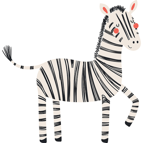 Cute funny zebra with one leg up cartoon character illustration. Hand drawn Scandinavian style flat design, isolated vector. Tropical animal, jungle wildlife, safari, nature, kids print element