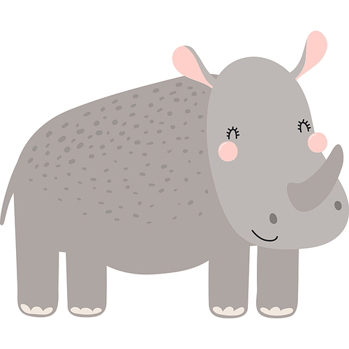 Cute funny rhino cartoon character illustration. Hand drawn Scandinavian style flat design, isolated vector. Tropical animal, jungle wildlife, safari, nature, kids print element