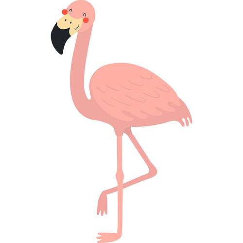 Cute funny flamingo with one leg up cartoon character illustration. Hand drawn Scandinavian style flat design, isolated vector. Tropical animal, jungle wildlife, safari, nature, kids print element