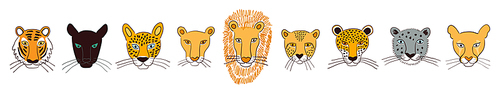 Big cats faces isolated collection, color. Lion, tiger, leopard, jaguar, panther, cougar, cheetah. Hand drawn vector illustration. Line art style design. Animal characters, wildlife clipart elements