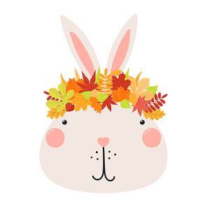 Cute rabbit face in autumn leaves crown character illustration. Hand drawn animal, Scandinavian style flat design, isolated vector. Kids autumn, fall print, element, seasonal activity