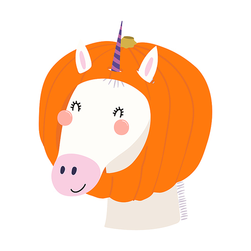 Cute funny unicorn in pumpkin Halloween costume character illustration. Hand drawn cartoon animal, Scandinavian style flat design, isolated vector. Kids print element, trick or treat, party