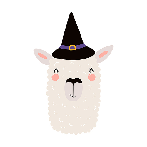 Cute funny llama in witch hat, Halloween costume character illustration. Hand drawn cartoon animal, Scandinavian style flat design, isolated vector. Kids print element, trick or treat, party