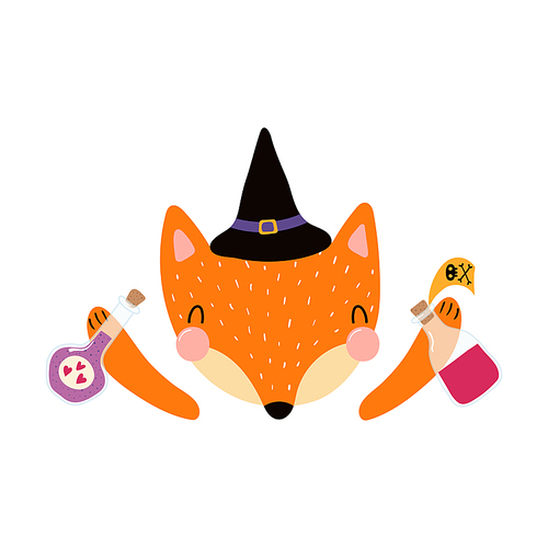 Cute funny fox in witch hat, Halloween costume character illustration. Hand drawn cartoon animal, Scandinavian style flat design, isolated vector. Kids print element, trick or treat, party