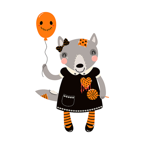 Cute funny wolf in creepy doll Halloween costume character illustration. Hand drawn cartoon animal, Scandinavian style flat design, isolated vector. Kids print element, trick or treat, party