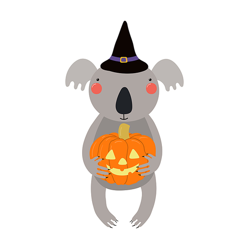 Cute funny koala in witch hat, Halloween costume character illustration. Hand drawn cartoon animal, Scandinavian style flat design, isolated vector. Kids print element, trick or treat, party