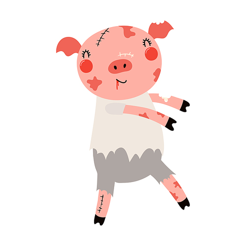 Cute funny pig in zombie Halloween costume character illustration. Hand drawn cartoon animal, Scandinavian style flat design, isolated vector. Kids print element, trick or treat, party