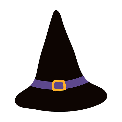 Pointy witch hat Halloween costume accessory hand drawn illustration. Cartoon style flat design, isolated vector. Kids seasonal print element, autumn holiday party, cosplay, carnival