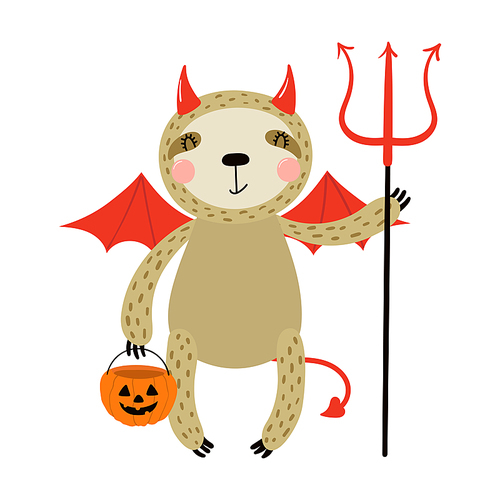 Cute funny sloth in devil Halloween costume character illustration. Hand drawn cartoon animal, Scandinavian style flat design, isolated vector. Kids print element, trick or treat, party