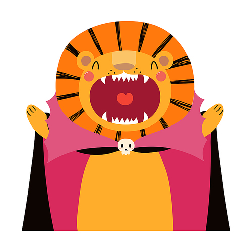 Cute funny lion in vampire Halloween costume character illustration. Hand drawn cartoon animal, Scandinavian style flat design, isolated vector. Kids print element, trick or treat, party