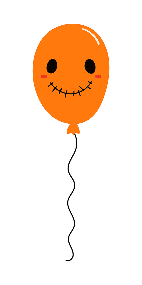 Flying air balloon with spooky face hand drawn Halloween illustration. Cartoon style flat design, isolated vector. Kid seasonal print, autumn holiday, trick or treat, costume party element, decoration