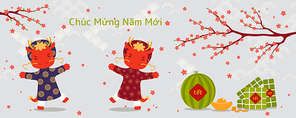 2024 Lunar New Year Tet cute dragons, rice cakes, watermelon, gold, peach blossoms, Vietnamese text Happy New Year. Hand drawn vector illustration. Flat style design. Holiday card, banner concept