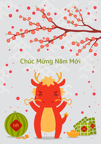 2024 Lunar New Year Tet cute dragon, rice cakes, watermelon, gold, peach blossoms, Vietnamese text Happy New Year. Hand drawn vector illustration. Flat style design. Holiday card, banner concept