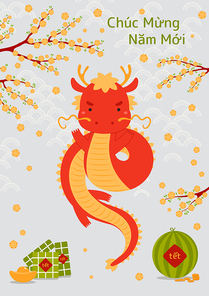 2024 Lunar New Year Tet cute dragon, rice cakes, watermelon, gold, apricot blossoms, Vietnamese text Happy New Year. Hand drawn vector illustration. Flat style design. Holiday card, banner concept