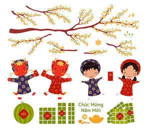 2024 Lunar New Year Tet design elements set, cute dragons, kids in ao dai, red envelope, rice cakes, watermelon, gold, apricot blooms, Vietnamese text Happy New Year isolated. Flat vector illustration