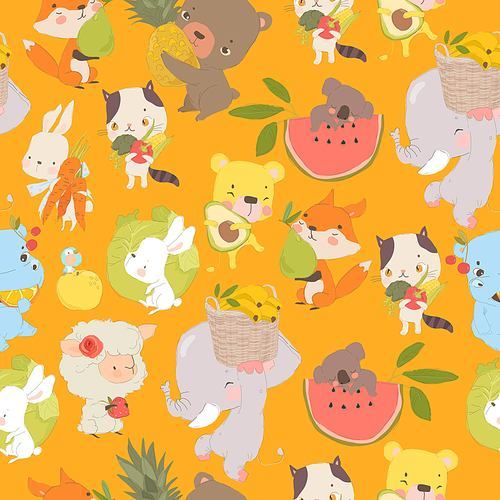 Vector Seamless Pattern with Cute Cartoon Animals with Fruits and Vegetables