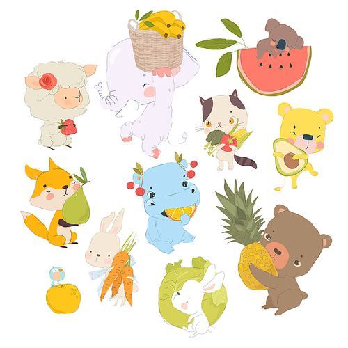 Cute Cartoon Animals with Fruits and Vegetables. Vector Set