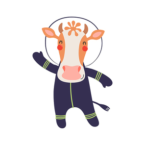 Cute funny cow astronaut in space suit cartoon character illustration. Hand drawn animal, Scandinavian style flat design, isolated vector. Kids print element, space adventure, travel, science