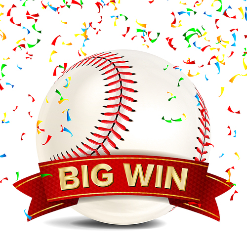 Baseball Award Vector. Red Ribbon. Big Sport Game Win Banner Background. White Ball, Red Stitches. Confetti Falling. Realistic