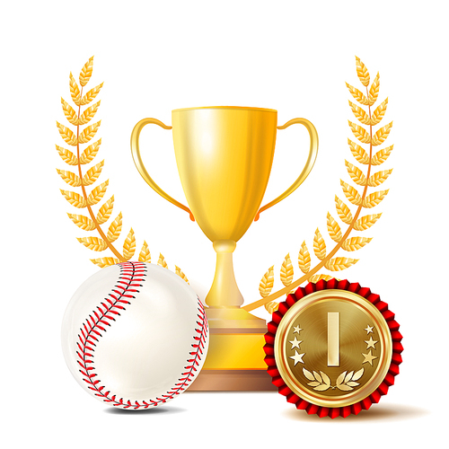 Baseball Award Vector. Sport Banner Background. White Ball With Red Stitches, Gold Winner Trophy Cup, Golden 1st Place Medal. 3D Realistic Isolated Illustration