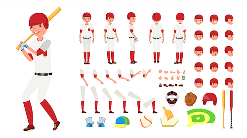 Baseball Player Vector. Animated Character Creation Set. American Base Ball Tools And Equipment. Full Length, Front, Side, Back View, Accessories, Poses, Face Emotions. Isolated Flat Cartoon Illustration