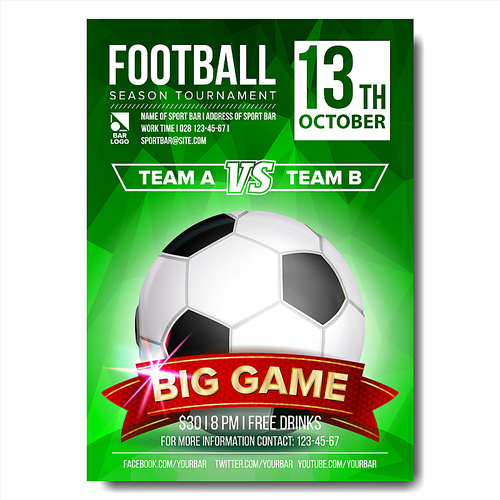 Soccer Poster Vector. Banner Advertising. Sport Event Announcement. Ball. Announcement, Game, League Design Championship Illustration